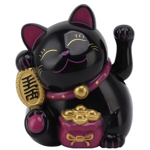 🎂‎ (Plaque) Solar Powered Lucky Black Cat Waving Arm Welcoming Wealth & Fortune